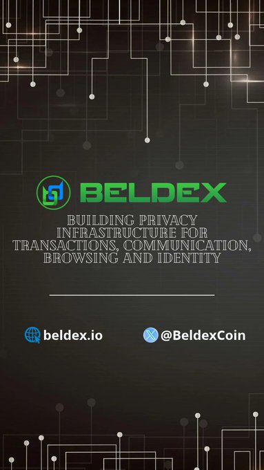 The image is a promotional graphic for **Beldex (BDX)**, featuring its green logo and the tagline "Building Privacy Infrastructure for Transactions, Communication, Browsing and Identity," along with the website *beldex.io* and Twitter handle *@BeldexCoin*—all set against a dark circuit-board background that visually reinforces the post's message of user sovereignty through a decentralized, privacy-focused cryptocurrency network powered by community-operated masternodes.