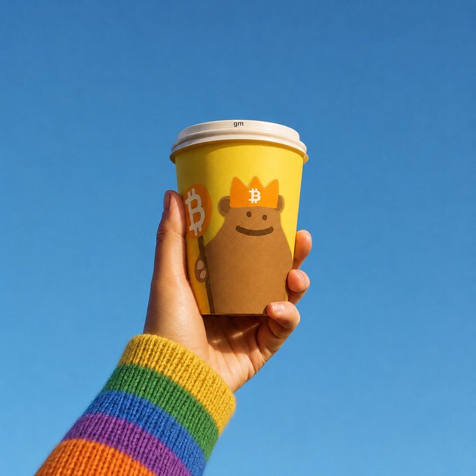 The image shows a hand holding up a yellow coffee cup with a cartoon bear design, featuring a crown on its head. The background of the photo is a clear blue sky, which contrasts nicely with the colorful cup. The caption below the image reads "GM @krakenfx @binance @coinbase @GRIZZY".