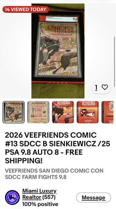 A Facebook Marketplace listing for '2026 VEEFRIENDS COMIC #13 SDCC B SIENKIEWICZ /25 PSA 9.8 AUTO 8' with free shipping, showing a graded card and comic thumbnails.