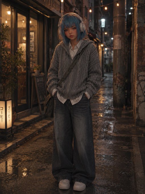A stylized photo of a person with blue hair wearing an oversized gray knit sweater, white shirt, baggy jeans, and headphones, standing on a wet city street at night.