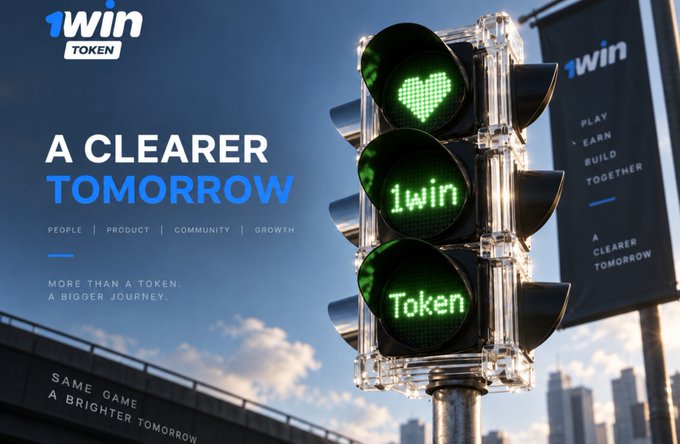 A promotional advertisement for "1win TOKEN" featuring the slogan "A CLEARER TOMORROW" alongside traffic lights displaying a heart icon, "1win", and "Token".