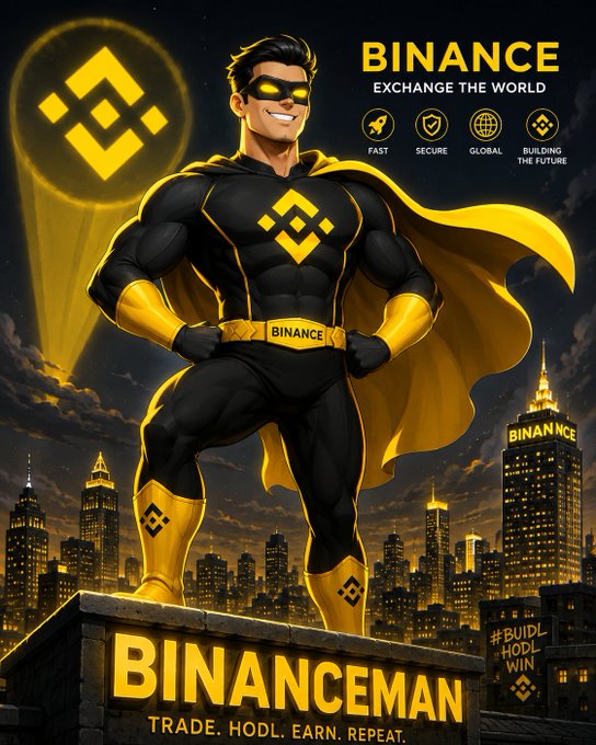 A superhero called "BINANCEMAN" stands triumphantly over a city skyline, wearing a black and yellow costume featuring the Binance logo, with the tagline "TRADE. HODL. EARN. REPEAT." and "BINANCE EXCHANGE THE WORLD" displayed. The post jokingly requests an AI agent version of this heroic figure, playing on the crypto community's enthusiasm for Binance-branded characters.