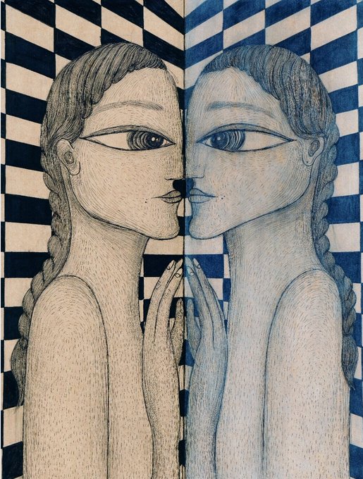 This image showcases "My Landscape," a striking drawing of two mirrored female figures with braided hair facing each other, rendered against a bold black-and-white checkered background transitioning into blue on the right side. The piece appears to be an NFT artwork posted on the @objktcom platform, reflecting the surreal, introspective mood suggested by the "Good morning" greeting.