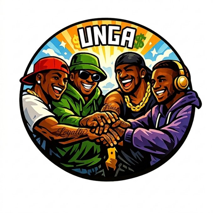 The image features a cartoon illustration of four men, each wearing headphones, standing together with their arms around one another. They are all smiling and appear to be having a good time. The background of the image is white, which makes the colors of the illustration stand out even more. The text "UNGA" is written in black at the top of the image, while "solana" and "pumpfun" can also be seen in the bottom corners.