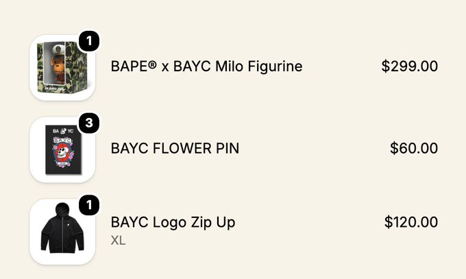 Online shopping cart listing BAYC merchandise: BAPE® x BAYC Milo Figurine for $299.00, BAYC FLOWER PIN for $60.00, and BAYC Logo Zip Up XL for $120.00.