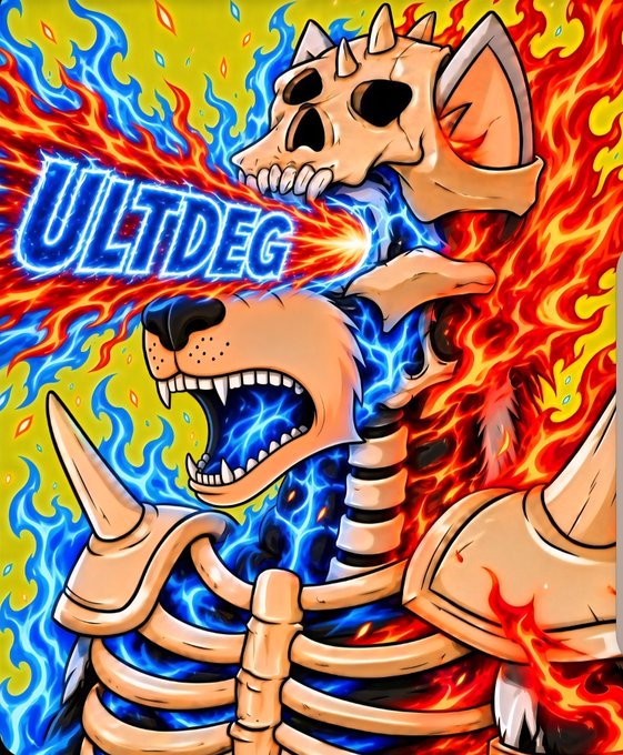 Vibrant digital artwork featuring a skeletal creature and a roaring feline skull surrounded by blue and orange flames, with the text 'ULTI DEG' displayed in glowing blue letters.