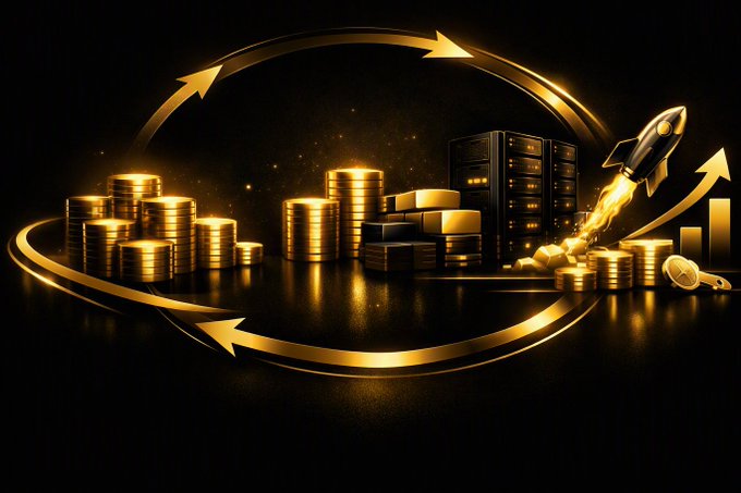 A 3D graphic featuring stacks of gold coins, gold bars, server racks, and a launching rocket surrounded by circular golden arrows, symbolizing financial growth or cryptocurrency.