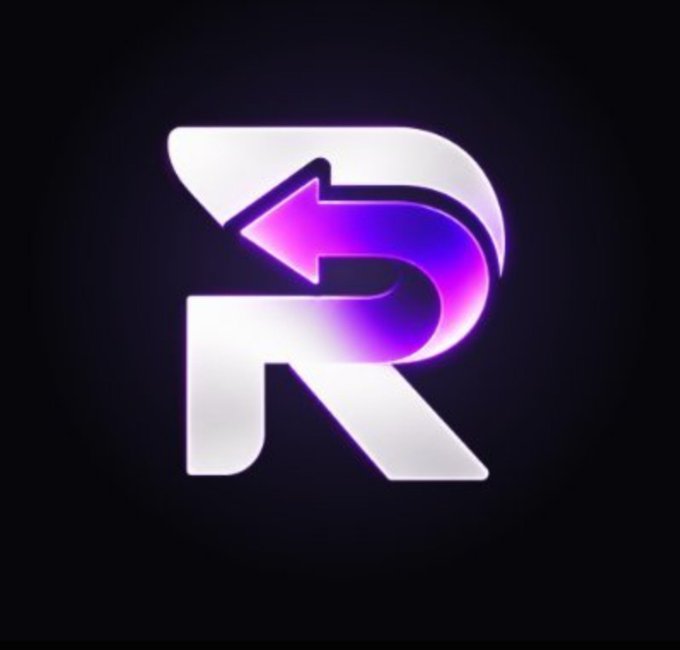 A glowing purple-and-blue return arrow overlays a stylized white “R” logo on a black background.