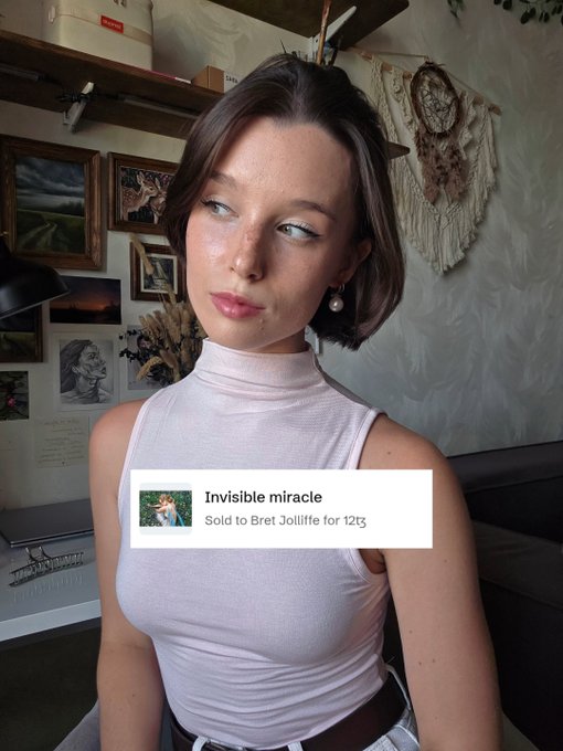 A photo of a young woman with short brown hair wearing a light sleeveless turtleneck, with an overlaid notification reading 'Invisible miracle - Sold to Bret Jolliffe for 1213'.