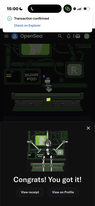 A screenshot of an OpenSea NFT transaction confirmation, displaying a pixel-art style NFT from 'YUKA POD' and the message 'Congrats! You got it!'.