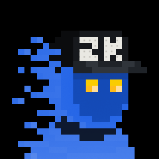 Pixel art character on a black background depicting a blue figure with yellow eyes, wearing a black cap with white pixel patterns, and a fragmented blue lower body.