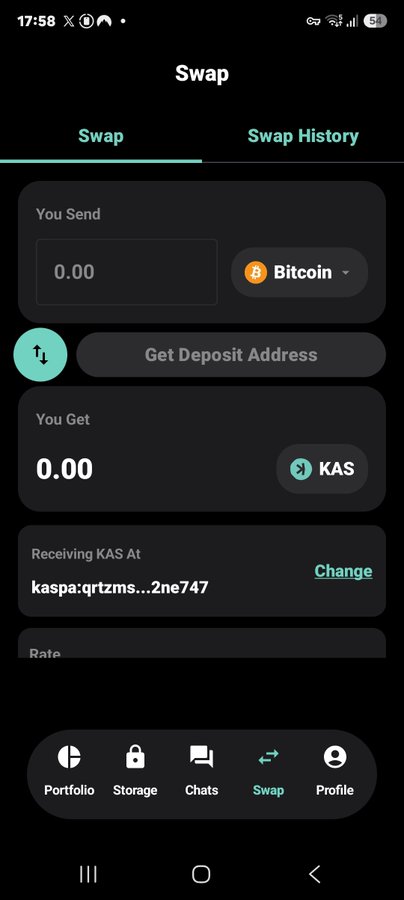 A screenshot of the KaChat app's Swap interface, showing a swap from Bitcoin (BTC) to Kaspa (KAS) with a receiving address "kaspa:qrtzms...2ne747." The image illustrates the post's point about KaChat offering low-fee swaps powered by ChangeNOW, displaying the transaction setup where users can get a deposit address to exchange BTC for KAS with no additional commission from the app.