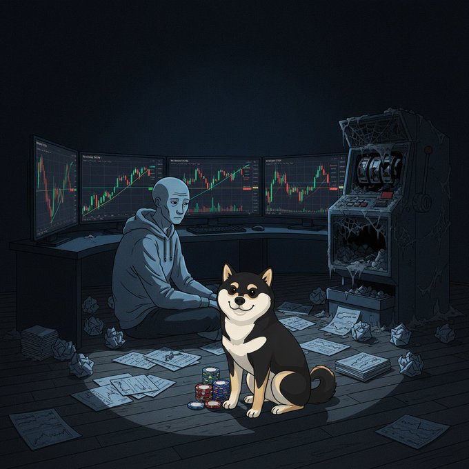 A weary, blue-tinted trader sits slumped in a dim room before multiple screens showing downward-trending candlestick charts, surrounded by scattered papers, crumpled balls, and poker chips while a smiling Shiba Inu sits beside him—illustrating the post's point that the trader's losses came from ignoring small, consistent edges (the "3%" and "55% win rate with 1.5:1 risk/reward") in pursuit of improbable 10x wins.