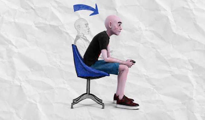 A 3D-rendered bald character sitting on a blue chair against a crumpled white paper background, with a hand-drawn pencil sketch of the same figure and a blue arrow pointing to its head.