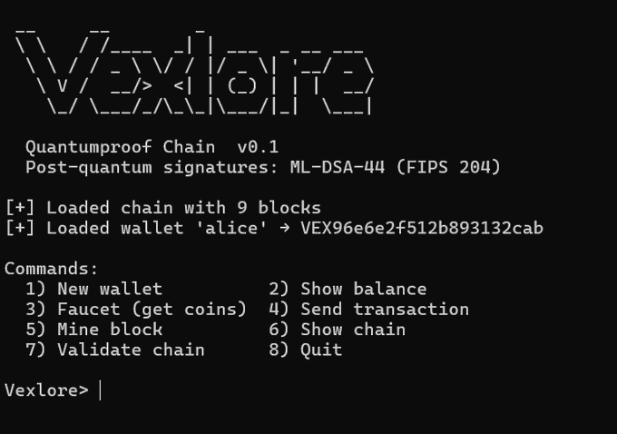A terminal interface for 'VEXLORE' showing a 'Quantumpproof Chain v0.1' with post-quantum signatures (ML-DSA-44, FIPS 204) and an ASCII art logo, listing wallet commands like 'New wallet' and 'Show balance'.