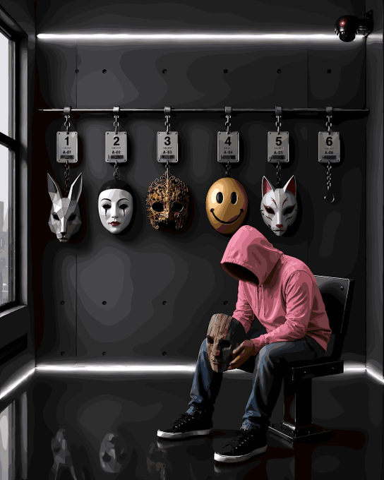 A person in a pink hoodie sits on a bench in a dark, concrete room, holding a wooden mask while looking at their phone, with various other masks and numbered evidence tags (1-6) hanging on the wall behind them.