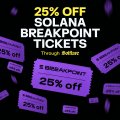 A promotional graphic with a purple theme advertising '25% OFF SOLANA BREAKPOINT TICKETS' through the official Solana mobile app, featuring ticket illustrations.