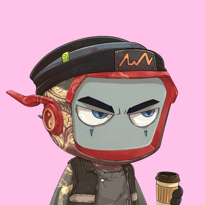 An animated cartoon character with a robot-like red and gray helmet, blue eyes, and tattoos on its arms and head, wearing a black vest and holding a coffee cup against a solid pink background.
