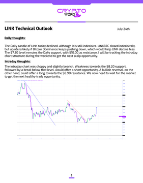 A technical analysis document from CryptoWZRD dated July 24th showing a LINK daily price chart, highlighting that the cryptocurrency is trading near the $8.20 support level where a breakout could present short opportunities, while a bullish reversal might target the $8.90 resistance. The chart visually supports this analysis by displaying the recent indecisive price action consolidating around these key support and resistance zones.