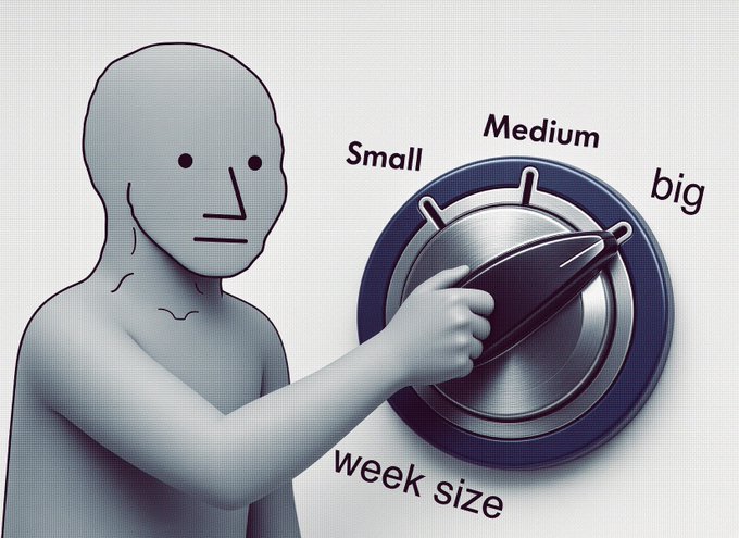 A 3D rendering of a gray, faceless humanoid figure pointing at a large dial that measures sizes from 'Small', 'Medium', and 'big', with the current setting labeled 'week size'.