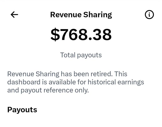 The image shows a "Revenue Sharing" dashboard displaying a total of $768.38 in payouts, with a notice that the program has been retired and the dashboard is now only for historical reference. This directly illustrates the post's question, serving as evidence of the $768.38 earnings the author made during the entire revenue sharing program.