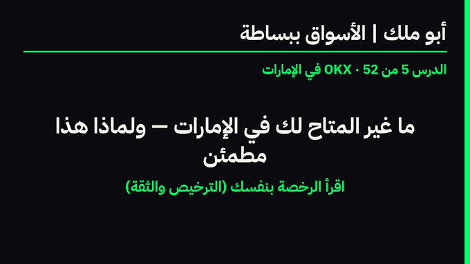 An Arabic-language slide titled 'أبو ملك | الأسواق ببساطة' (Lesson 5 of 52: OKX in the UAE) discussing non-availability of products in the Emirates and advising reading the comfort agreement (licensing and trust terms).