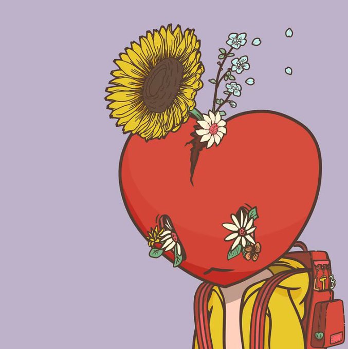 A cartoon illustration of a character with a red heart-shaped head adorned with flowers, a sunflower, and a yellow backpack.