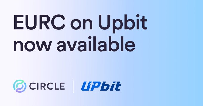 The image is an announcement graphic featuring the bold text "EURC on Upbit now available" alongside the Circle and Upbit logos on a light blue gradient background, visually promoting the South Korean exchange listing of Circle's euro stablecoin.