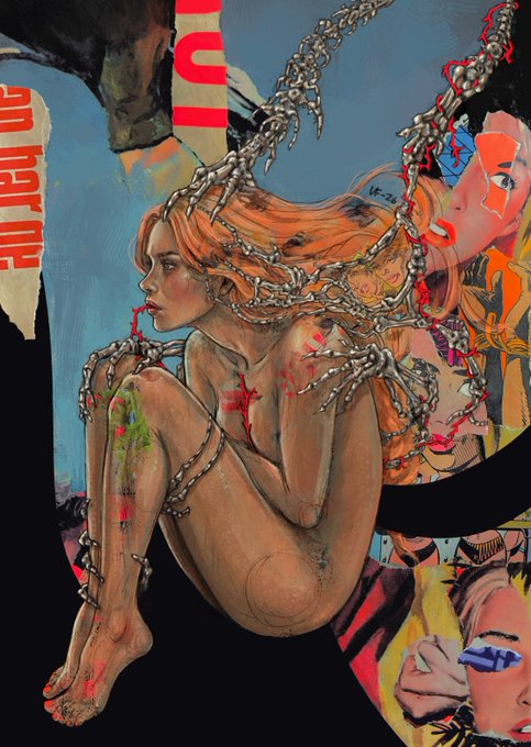 A nude woman sits curled up, her body wrapped in metallic chains that extend outward into skeletal hands, set against a chaotic collage of fragmented faces and partial text reading "IC" and "SO KEPT OU." The artwork's raw, unfinished aesthetic and the trapped, bound figure visually echo the post's sense of being "slightly less abandoned"—the chains suggest captivity while the burst of color and surrounding imagery hint at renewed, messy attention.
