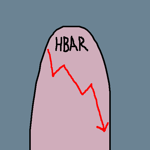A simple cartoon tombstone with 'HBAR' written on it and a red downward-trending arrow, indicating a bearish outlook for HBAR cryptocurrency.