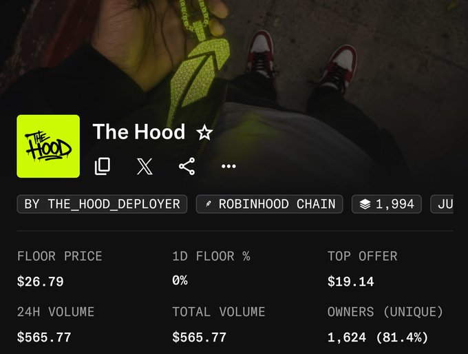 A screenshot of an NFT collection page for "The Hood" on Robinhood Chain shows a floor price of $26.79, 1,624 unique owners, and a 24-hour volume of $565.77. The image illustrates the poster's claim of an unrealized NFT profit, as the collection's current floor price exceeds the $10 mint price they originally called out.
