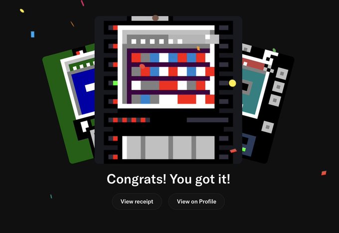 A digital celebratory graphic displays the message 'Congrats! You got it!' below stylized film strip and ticket illustrations with colorful confetti scattered across a black background, with buttons to 'View receipt' and 'View on Profile'.
