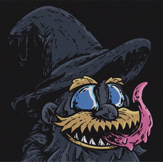 A cartoonish, menacing figure with a wide grin, sharp teeth, and a long pink tongue lolls from its mouth, wearing a large witch-like hat against a dark background. The image pairs with the post's playful "Good morning to those who believe in NFTs" greeting, likely suggesting a Halloween or spooky theme tied to NFT enthusiasm.
