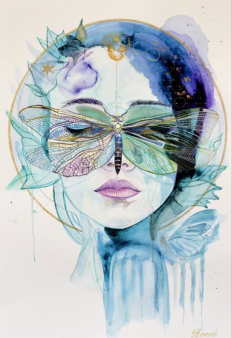 A delicate watercolor and ink portrait features a woman's face partially obscured by a translucent dragonfly, with mystical elements like a crescent moon, star, and crystalline leaf forms arranged within a gold circular halo, the imagery beautifully echoing the post's themes of vulnerability and awakening through its dreamlike, ethereal quality.
