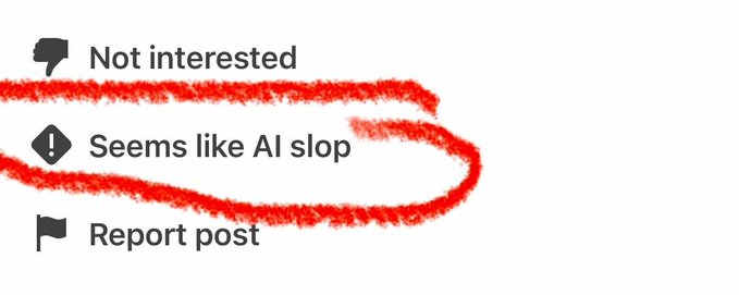 Screenshot of social media options "Not interested", "Seems like AI slop" (circled in red), and "Report post".