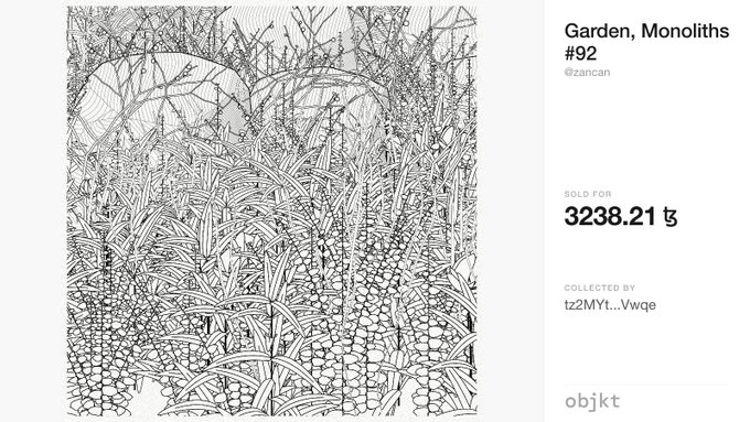 An NFT listing on objkt displays 'Garden, Monoliths #92' by zancan, a detailed black and white line drawing of a garden scene, sold for 3238.21 tz and collected by tz2MYt...Vwqe.