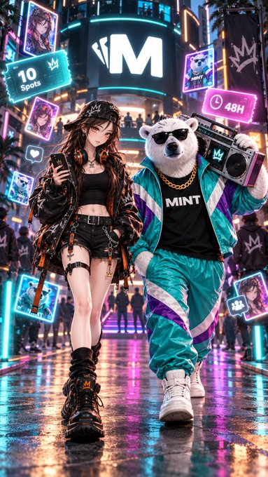 A stylized cyberpunk-style illustration featuring a woman with dark hair and a polar bear wearing sunglasses and a 'MINT' tracksuit, both holding items, set against a neon-lit urban background with floating trading cards.
