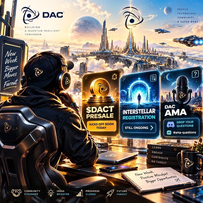 A futuristic promotional graphic for "DAC" features a person wearing headphones overlooking a sci-fi cityscape, with promotional sections for a "$DACT PRESALE" and "INTERSTELLAR REGISTRATION," and a notepad stating "Positive Mindset. Bigger Opportunities."