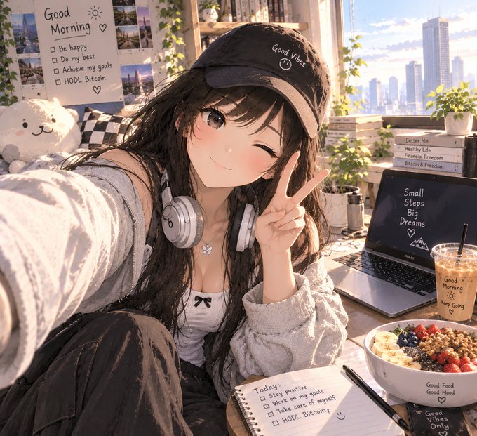 An anime-style illustration of a smiling girl wearing a cap and headphones, sitting with a laptop, notebook, and a bowl of food in a sunlit room.