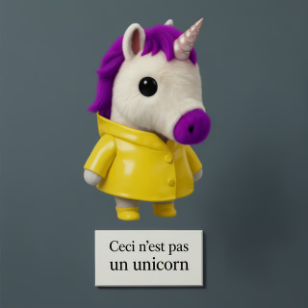 A 3D-rendered plush-like unicorn character with a purple mane wearing a yellow raincoat, accompanied by text reading 'Ceci n'est pas un unicorn'—a reference to Magritte's 'The Treachery of Images.'