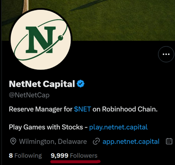 The image shows the verified X profile of NetNet Capital (@NetNetCap), the Reserve Manager for $NET on Robinhood Chain, based in Wilmington, Delaware, displaying 9,999 Followers and 8 Following—capturing the moment right before hitting 10K followers as referenced in the celebratory post about $NET's rapid community growth from 3K to nearly 10K.