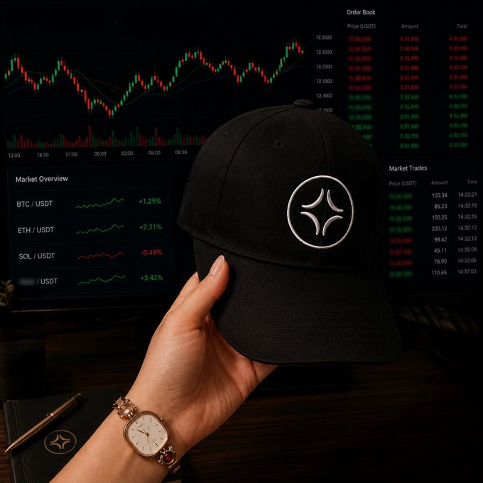 A hand holds up a black baseball cap with a star emblem logo in front of a monitor displaying a cryptocurrency trading dashboard with candlestick charts, order book data, and market overviews for BTC/USDT (+1.25%), ETH/USDT (+2.31%), and SOL/USDT (-0.49%).