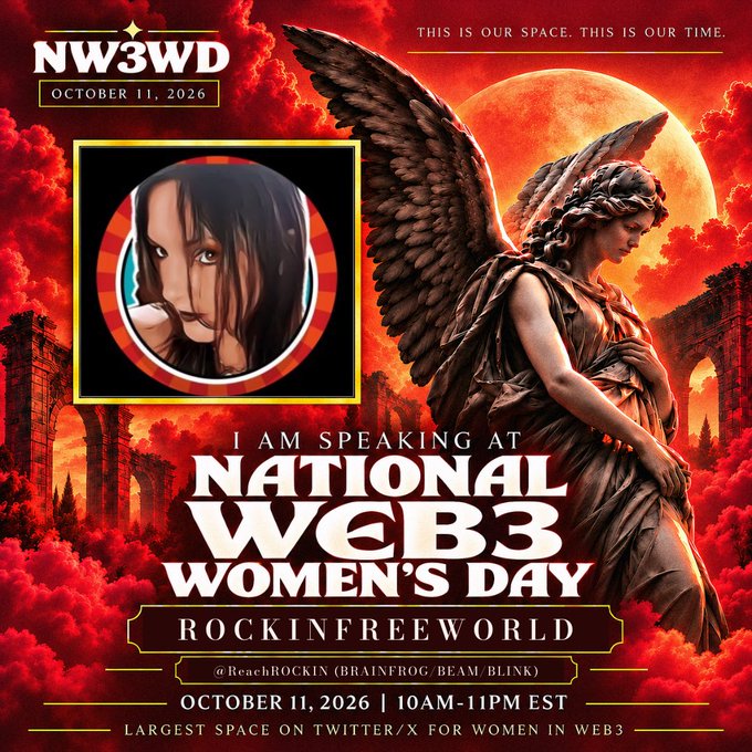 A promotional graphic for 'NW3WD' (National Web3 Women's Day) on October 11, 2026, featuring an angel statue, red clouds, and text announcing 'I AM SPEAKING AT NATIONAL WEB3 WOMEN'S DAY' by @ReachROCKin from ROCKINFREEWORLD.