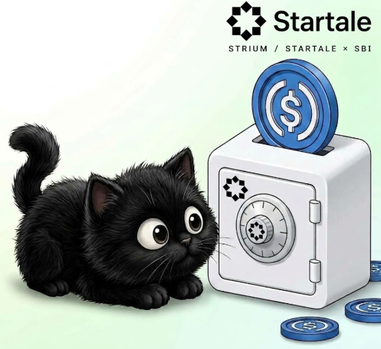 An illustration of a fluffy black cat with wide eyes sitting next to a white safe with a blue dollar coin on top, branded with 'Startale / STRIUM / STARTALE x SBI'.