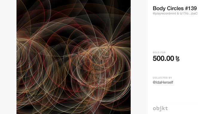 A digital artwork titled 'Body Circles #139' by @playrecordmint & tz1Trb...jbaC, sold for 500.00 tz and collected by @IdaHerself on the objkt NFT marketplace, featuring swirling orange and red lines on a dark background.