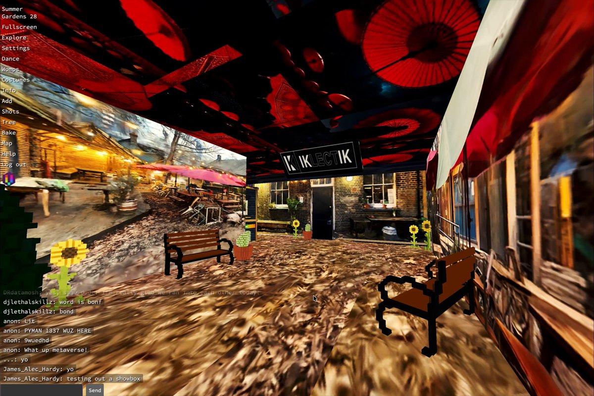 The image shows an open-air market with two benches, one of which has a yellow flower on top. The market appears to be located inside a virtual reality game or movie set, as indicated by the presence of a computer monitor displaying the game's interface. The scene is set in London and features a red umbrella hanging from the ceiling above the market area.