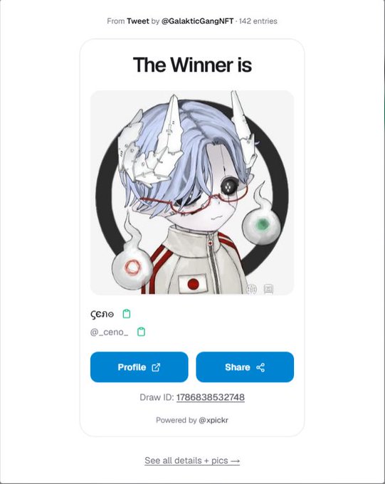 A Twitter giveaway result page from @GalakticGangNFT showing 'The Winner is' an anime-style character with purple hair and horns, awarded to user @_ceno_ via xpickr.