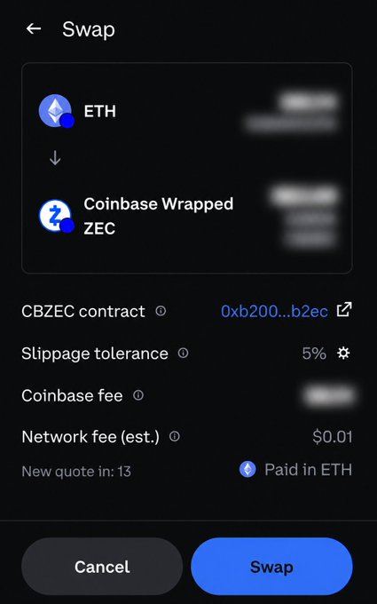 A Coinbase Wallet swap interface showing the exchange of ETH for Coinbase Wrapped ZEC (CBZEC) at a 5% slippage tolerance with an estimated $0.01 network fee, which appears to celebrate Coinbase's support for Zcash on the Base network.