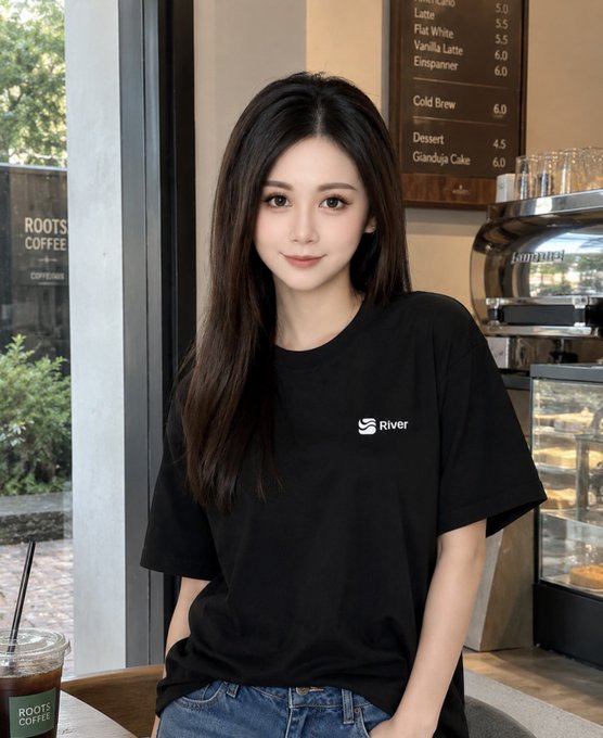 A young East Asian woman with long dark hair wearing a black t-shirt with a 'River' logo, standing in a coffee shop with a 'ROOTS COFFEE' menu board in the background and an iced coffee cup in the foreground.