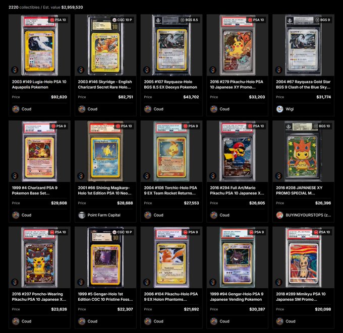 A collection of graded Pokémon cards listed for sale, showing 2220 collectibles with an estimated value of $2,959,520, including various PSA and CGC graded cards with prices ranging from $20,098 to $92,620.